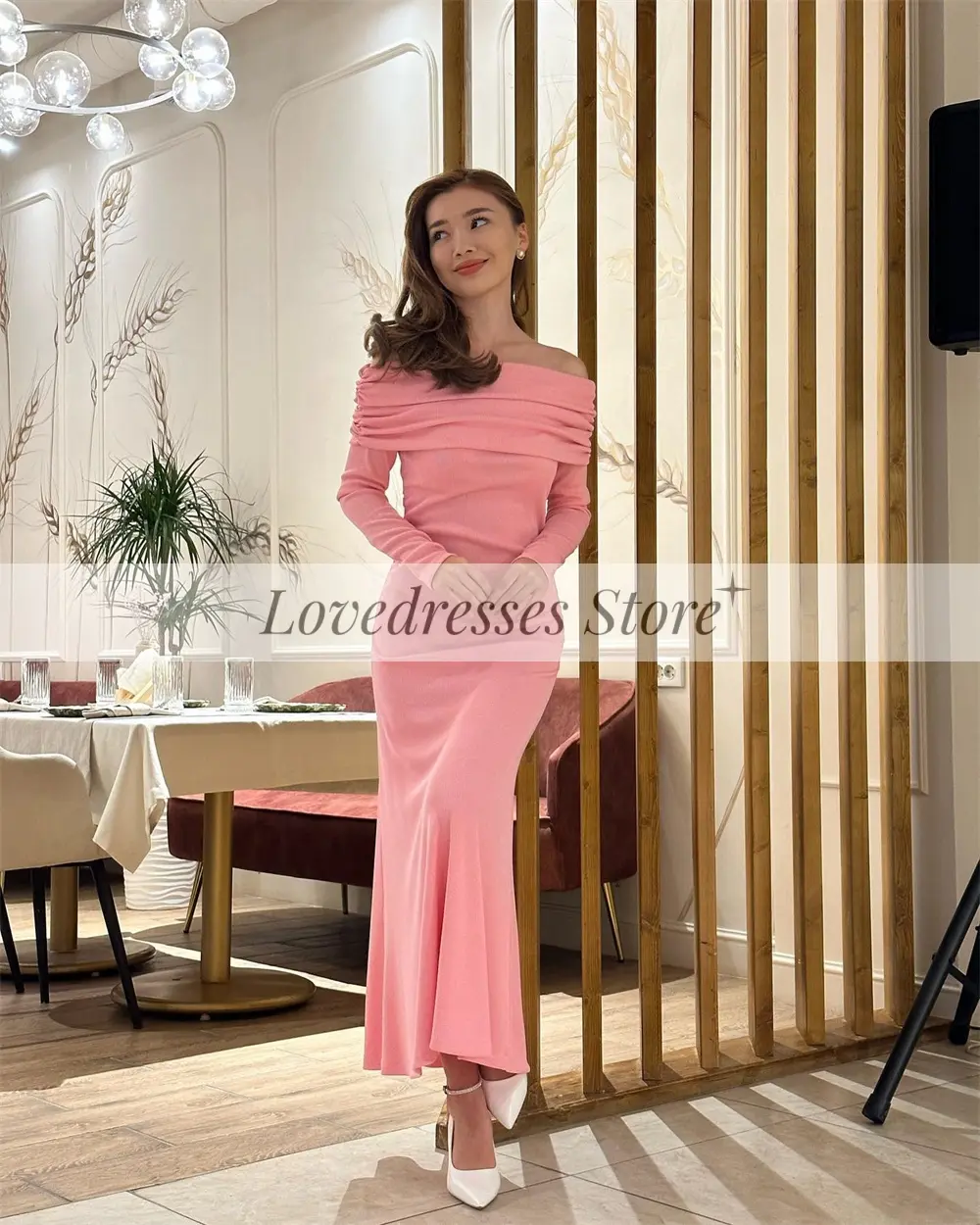 Pink Evening Dresses Off Shoulder Long Sleeves Evening Gowns Boat Neck Straight Ankle-Length Pleat Prom Dress Solid Color 2025