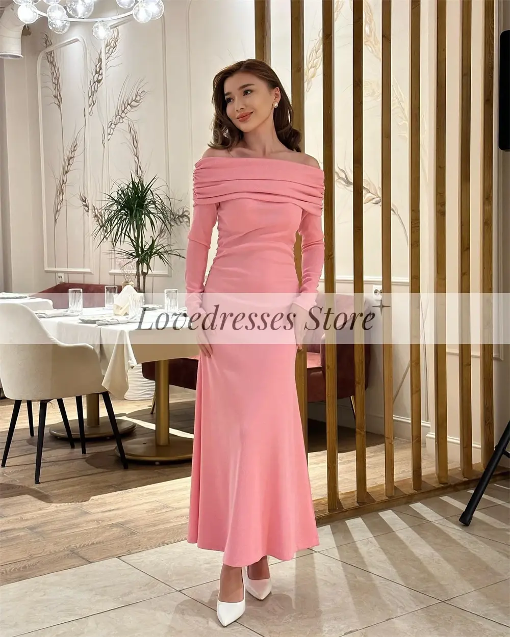 Pink Evening Dresses Off Shoulder Long Sleeves Evening Gowns Boat Neck Straight Ankle-Length Pleat Prom Dress Solid Color 2025