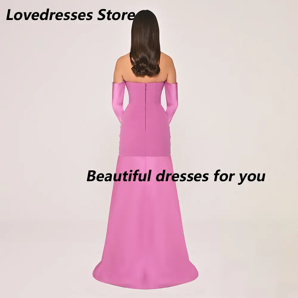 Pink Mermaid Evening Dress Customized Strapless Crystals Prom Gown Pleat Satin Saudi Arab Formal Occasion Dresses 2025