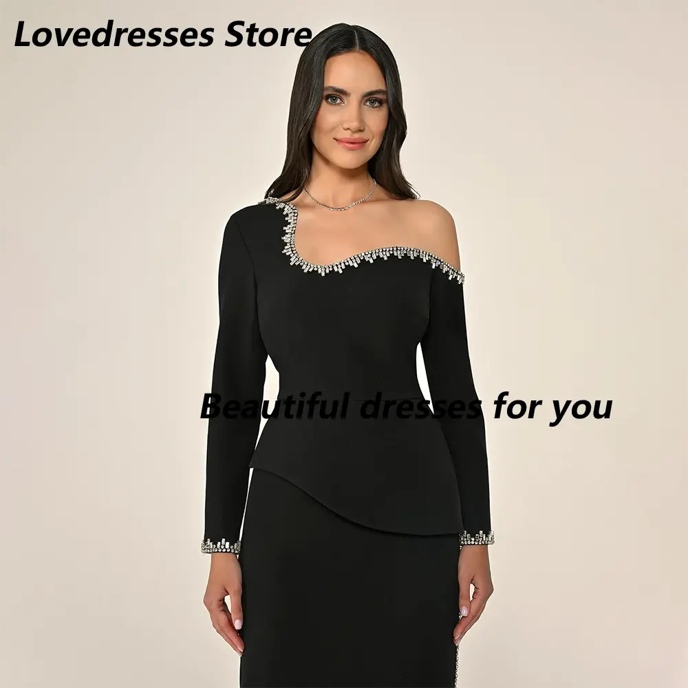 Evening Dress for Women Long Sleeves Column Midi Evening Gowns Tea Length One Shoulder Elegant Wedding Guest Gown Customized