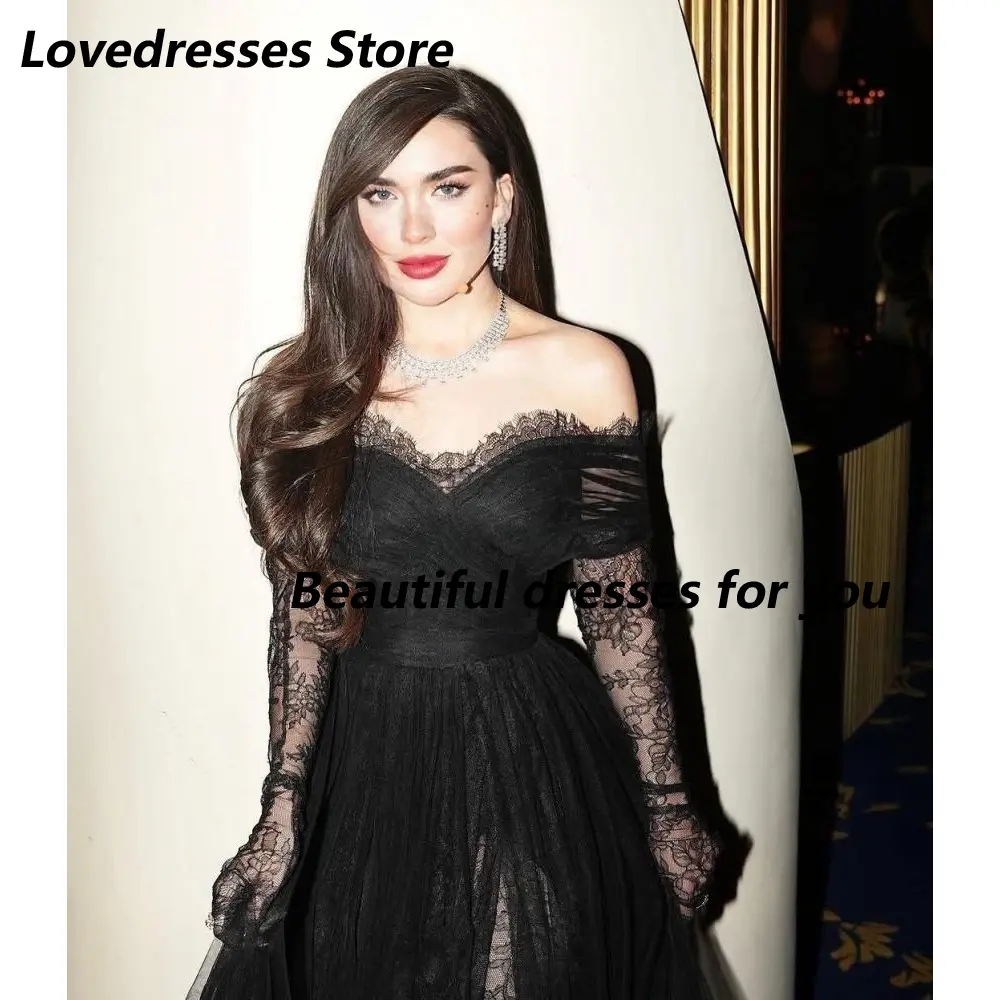 Black Elegant Evening Dress for Women Off Shoulder Long Sleeves Lace Floor Length A Line Wedding Guest Special Events Customized