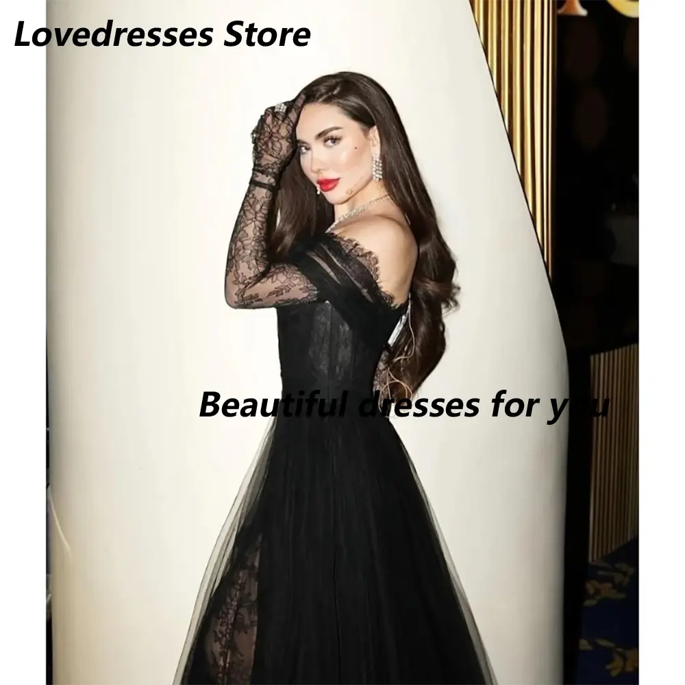 Black Elegant Evening Dress for Women Off Shoulder Long Sleeves Lace Floor Length A Line Wedding Guest Special Events Customized