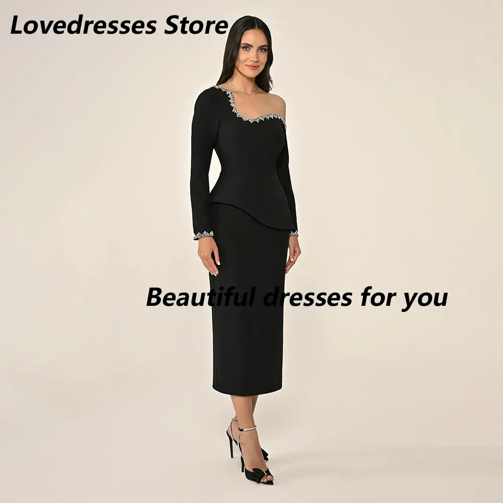 Evening Dress for Women Long Sleeves Column Midi Evening Gowns Tea Length One Shoulder Elegant Wedding Guest Gown Customized