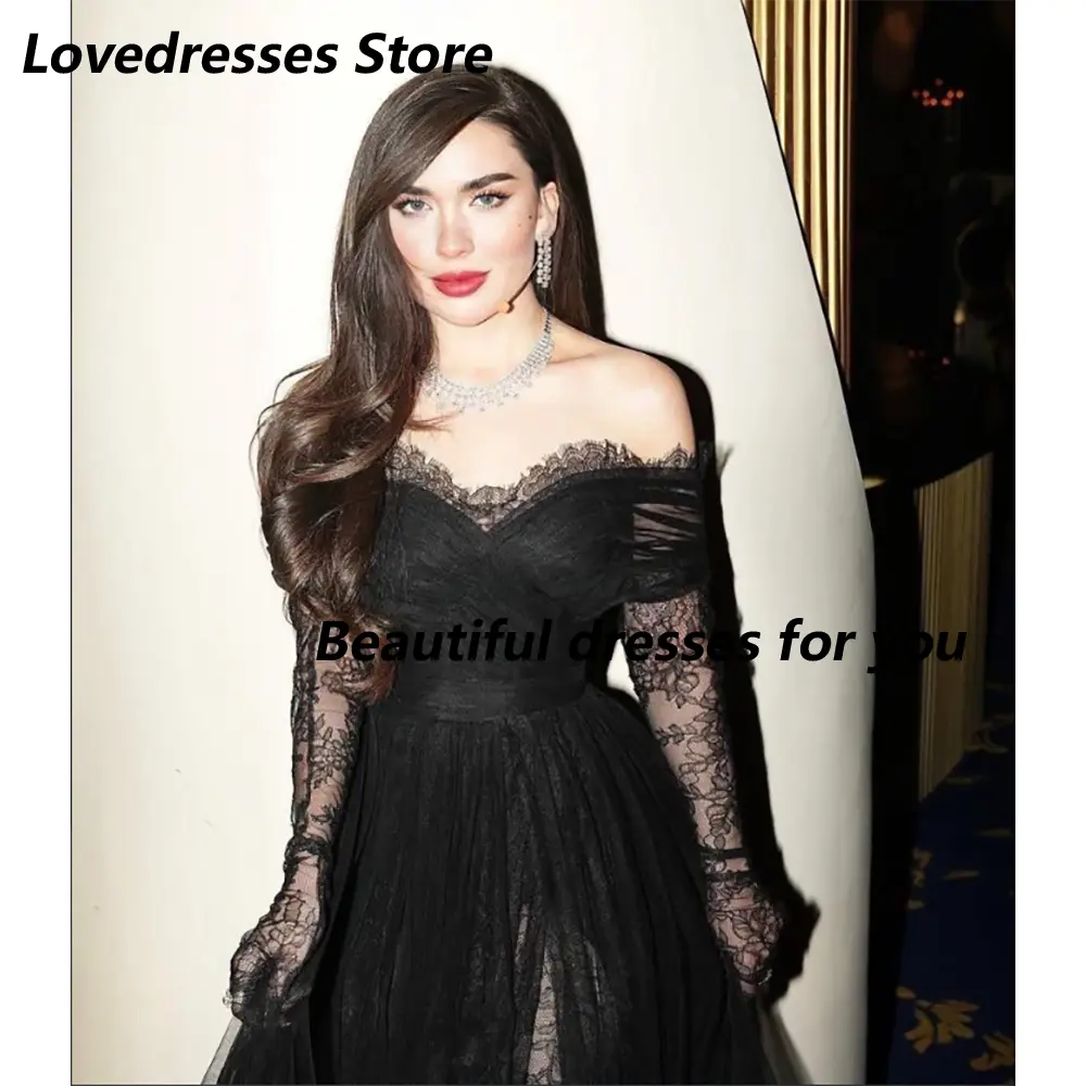 Black Elegant Evening Dress for Women Off Shoulder Long Sleeves Lace Floor Length A Line Wedding Guest Special Events Customized