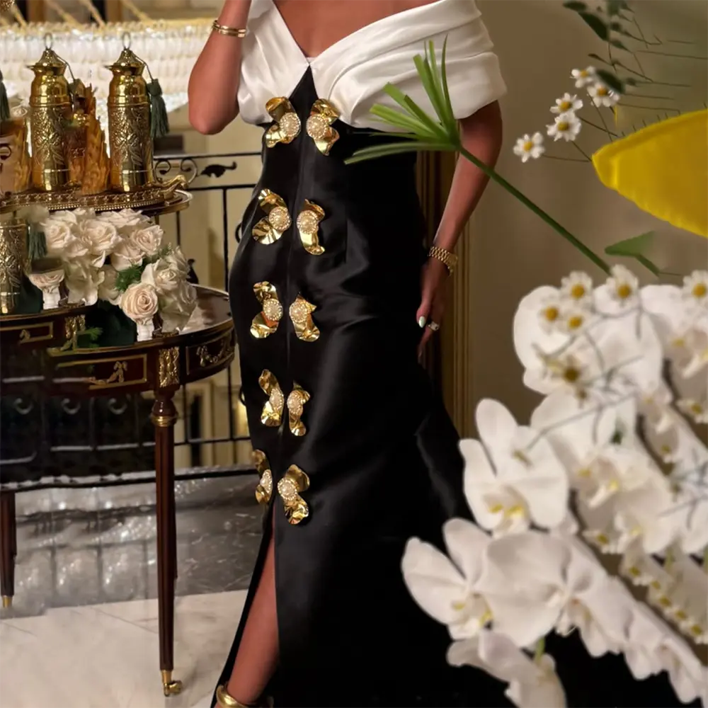 Evening Dresses for Women Off The Shoulder Sequin Flowers Satin Evening Gowns Pleated Slit Mermaid Formal Party Dress Customized