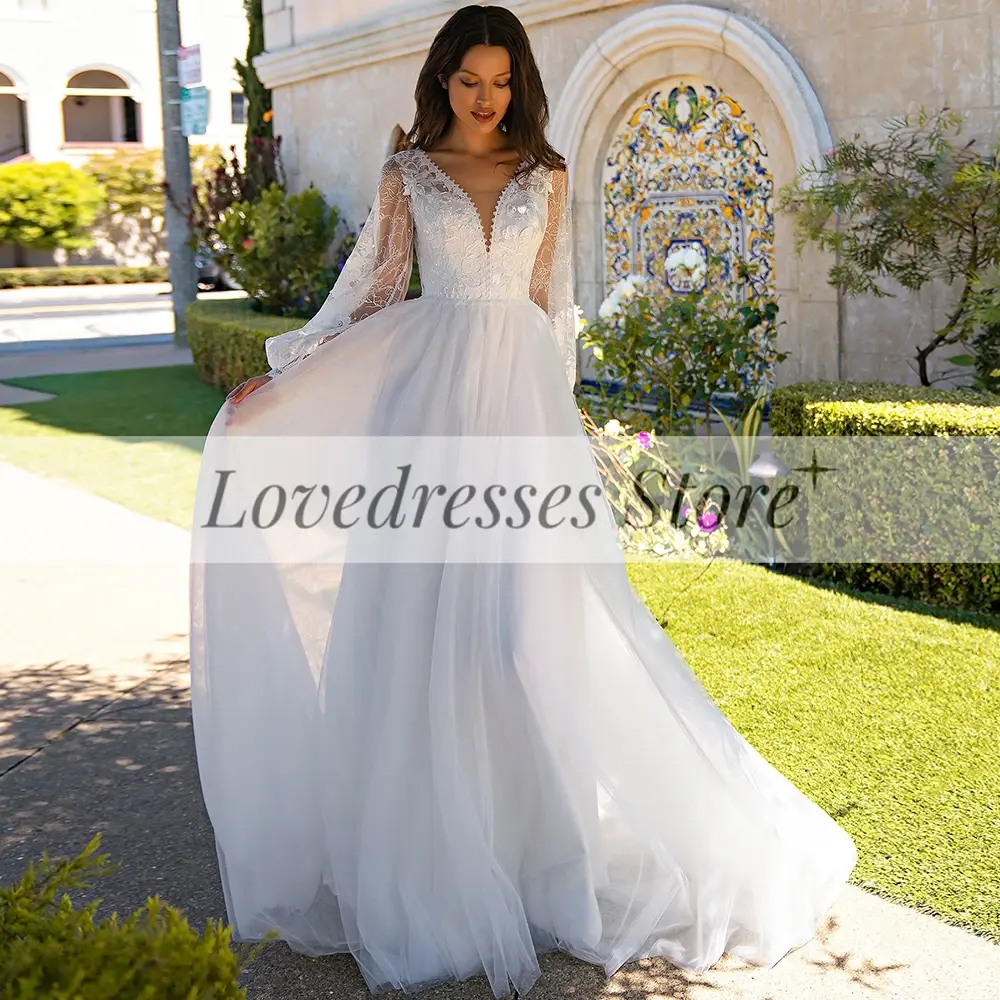 Customized A-Line Long Sleeve Tulle Wedding Dress for Brides Ladies V-Neck Appliques Court Train Backless Civil Bridal Gowns