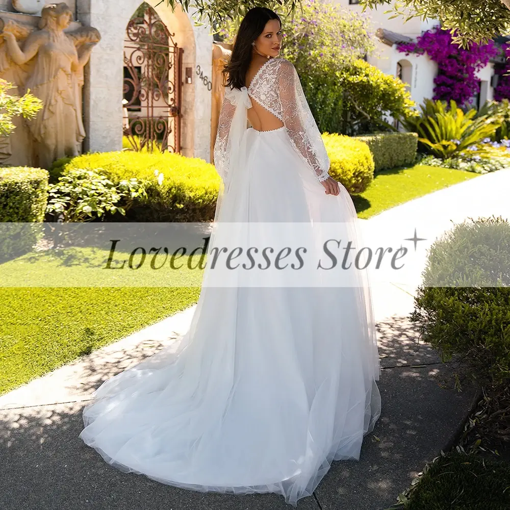 Customized A-Line Long Sleeve Tulle Wedding Dress for Brides Ladies V-Neck Appliques Court Train Backless Civil Bridal Gowns