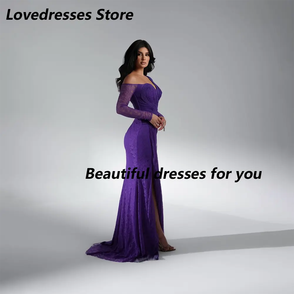 Purple Prom Dress Customized Off Shoulder Long Sleeves Evening Dresses Lace Mermaid Floor Length Arab Dubai Party Gown