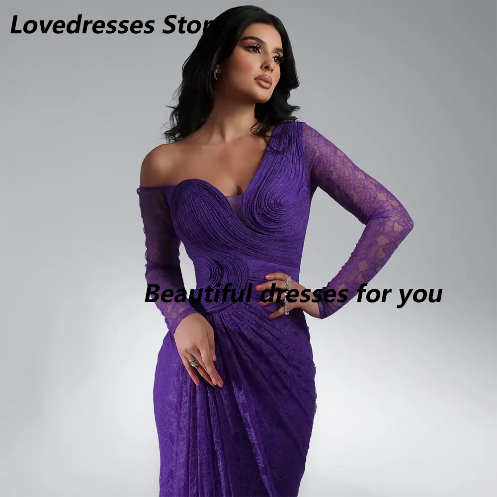 Purple Prom Dress Customized Off Shoulder Long Sleeves Evening Dresses Lace Mermaid Floor Length Arab Dubai Party Gown
