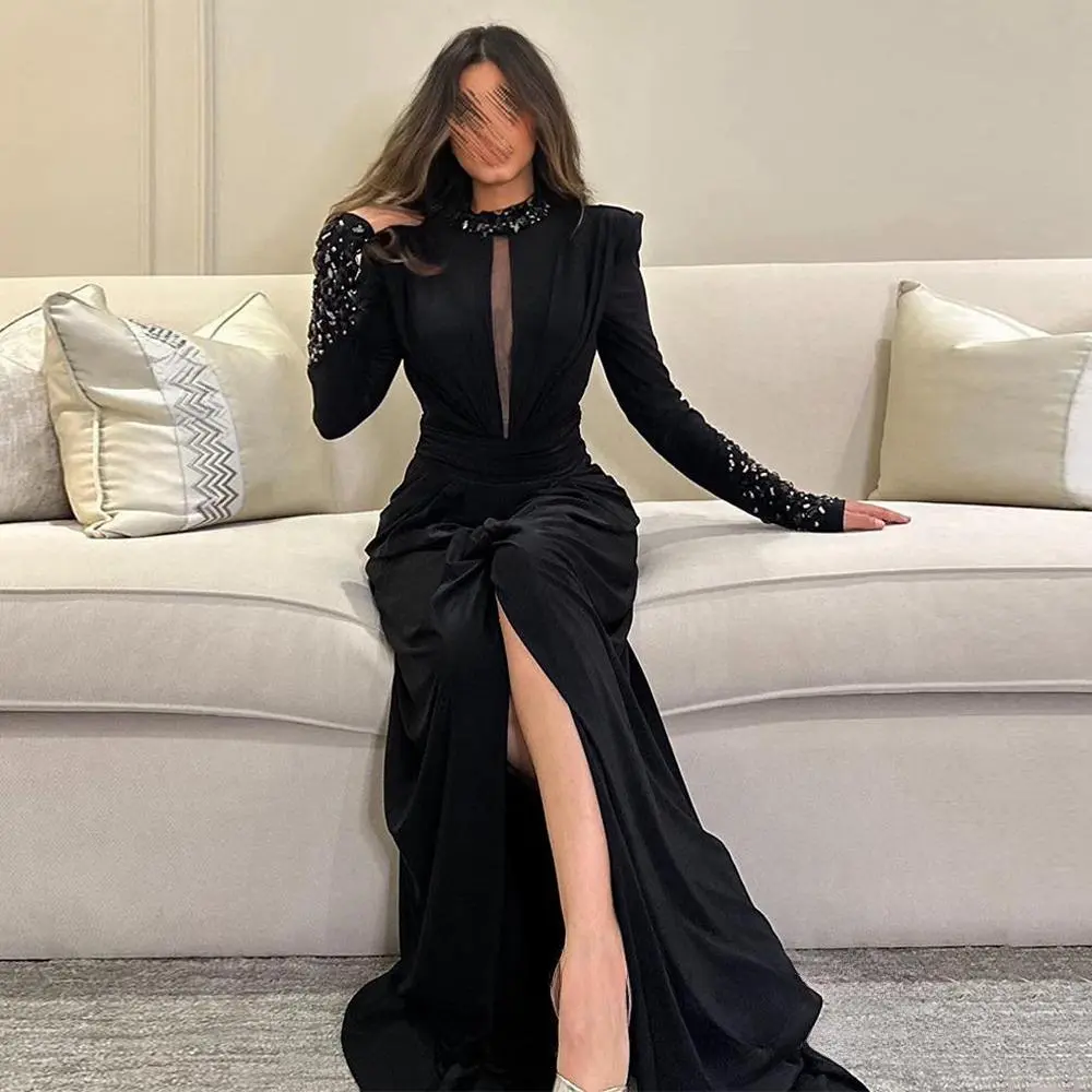 Customized Fashion Black Evening Dress O Neck Long Sleeve Prom Dress Beading Crystals Front Slit Formal Occasions Party Dress
