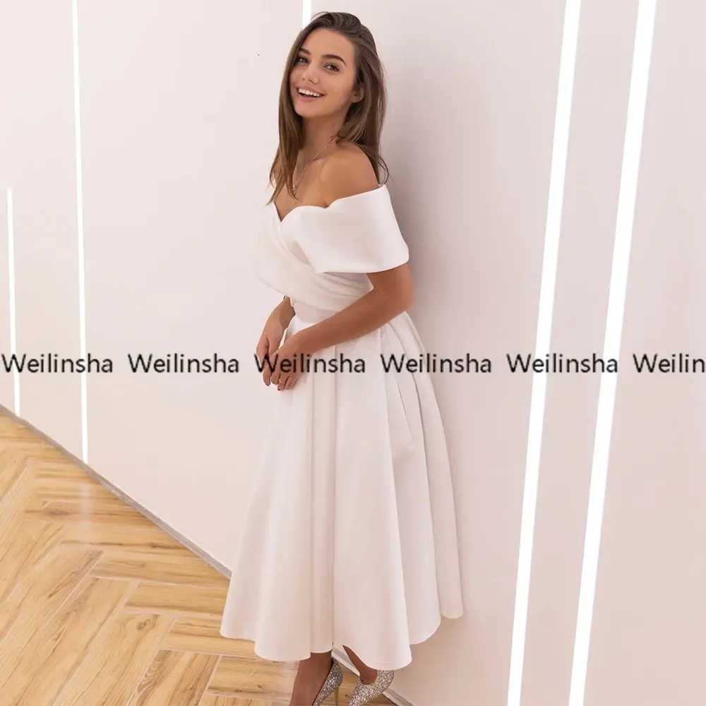Simple Off The Shoulder White Wedding Dresses Customized 2025 A Line High Quality Satin Bridal Gowns for Marriage Midi Length