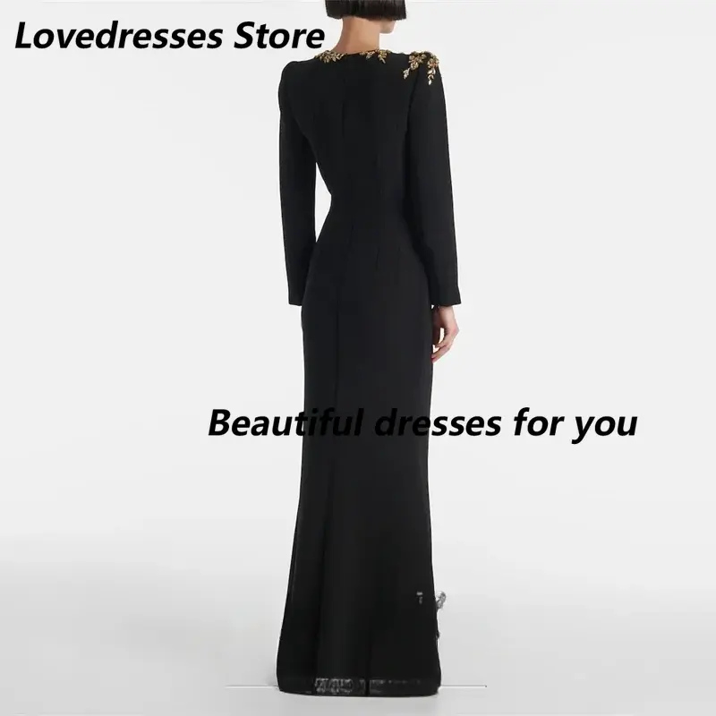 Customized Elegant O Neck Evening Dresses Black Long Sleeves Prom Dresses for Women Crystal Mermaid Formal Occasions Gowns