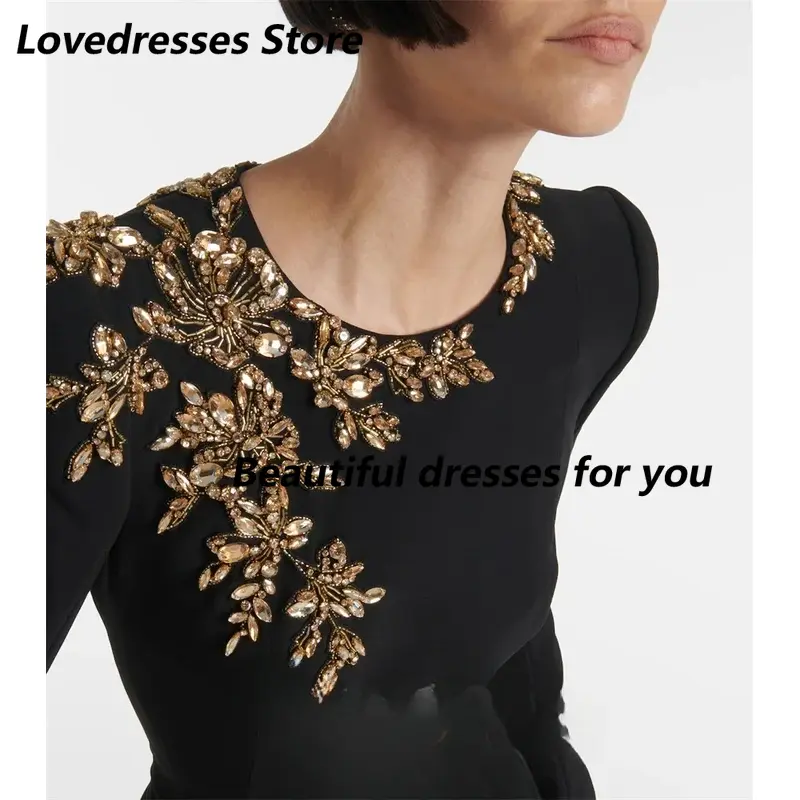 Customized Elegant O Neck Evening Dresses Black Long Sleeves Prom Dresses for Women Crystal Mermaid Formal Occasions Gowns