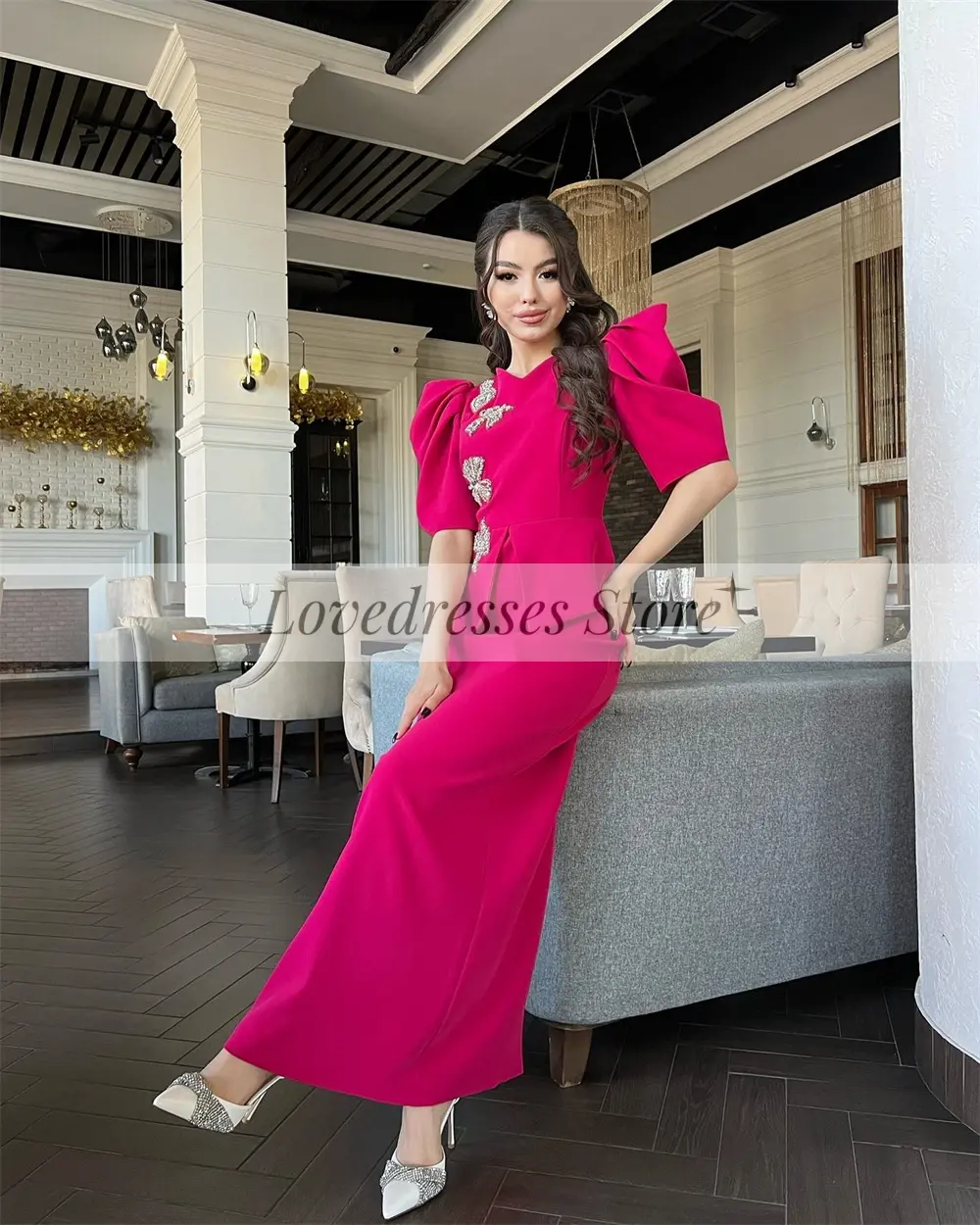 Customized Straight Puff Sleeve V Neck Wedding Dresses Ankle-Length Temperament Prom Gown for Women Appliques فساتين للحفلات الر