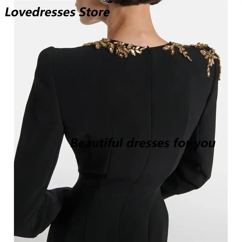 Customized Elegant O Neck Evening Dresses Black Long Sleeves Prom Dresses for Women Crystal Mermaid Formal Occasions Gowns
