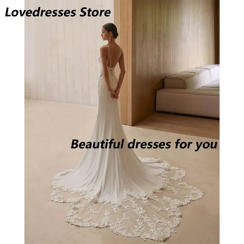 New Arrival Wedding Dress Customized Sexy Spaghetti Straps Applique Bridal Gown Sweep Train Backless Bride Dresses