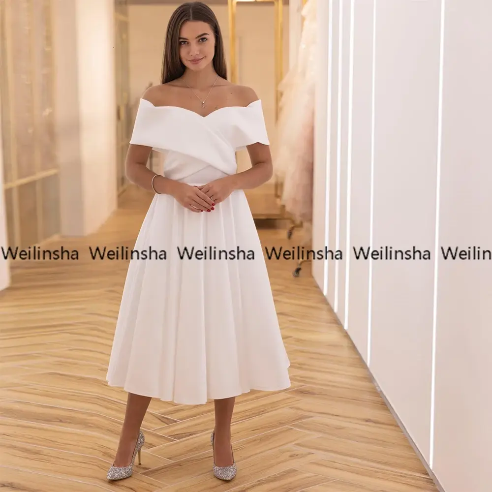 Simple Off The Shoulder White Wedding Dresses Customized 2025 A Line High Quality Satin Bridal Gowns for Marriage Midi Length