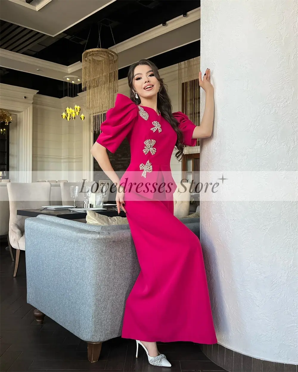 Customized Straight Puff Sleeve V Neck Wedding Dresses Ankle-Length Temperament Prom Gown for Women Appliques فساتين للحفلات الر