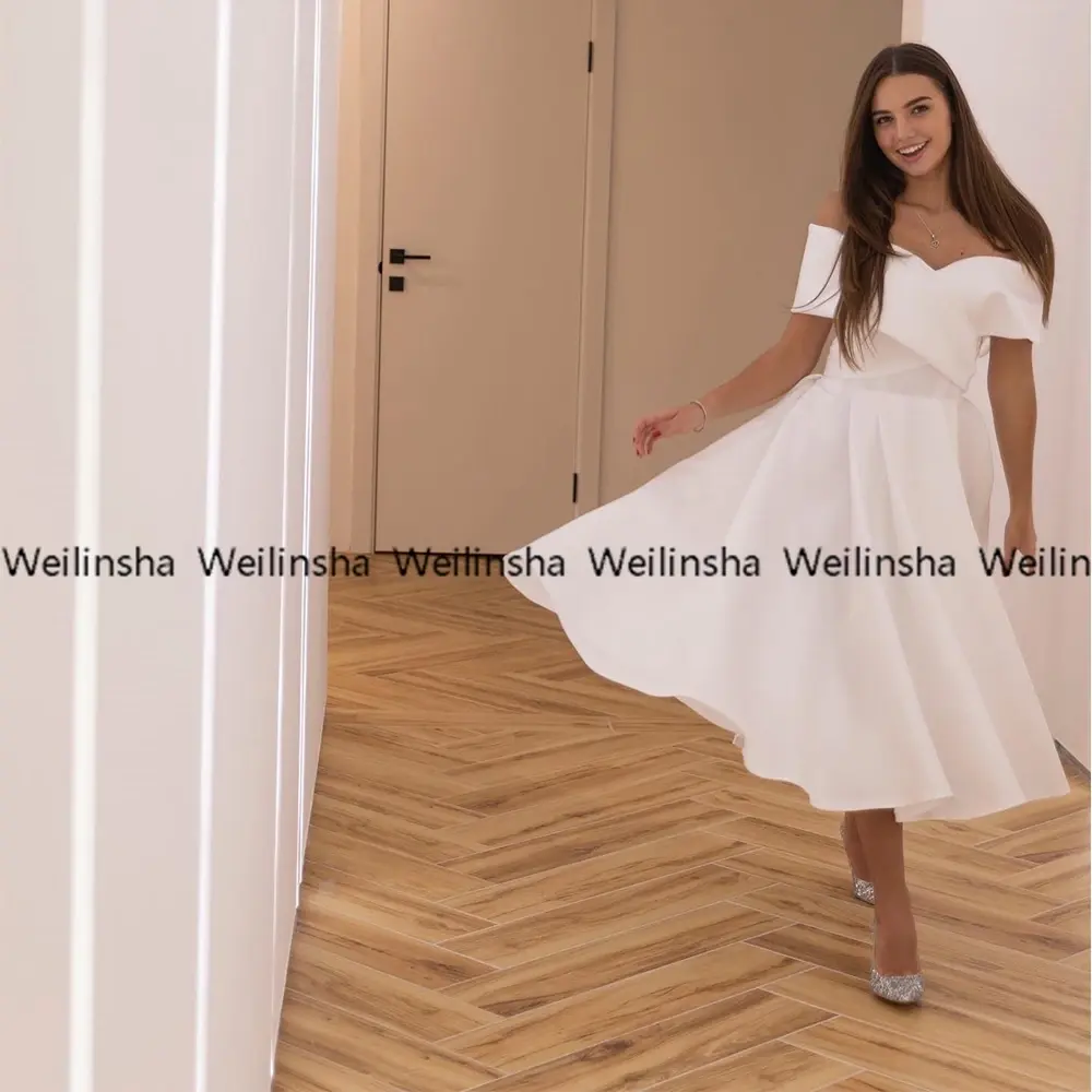 Simple Off The Shoulder White Wedding Dresses Customized 2025 A Line High Quality Satin Bridal Gowns for Marriage Midi Length