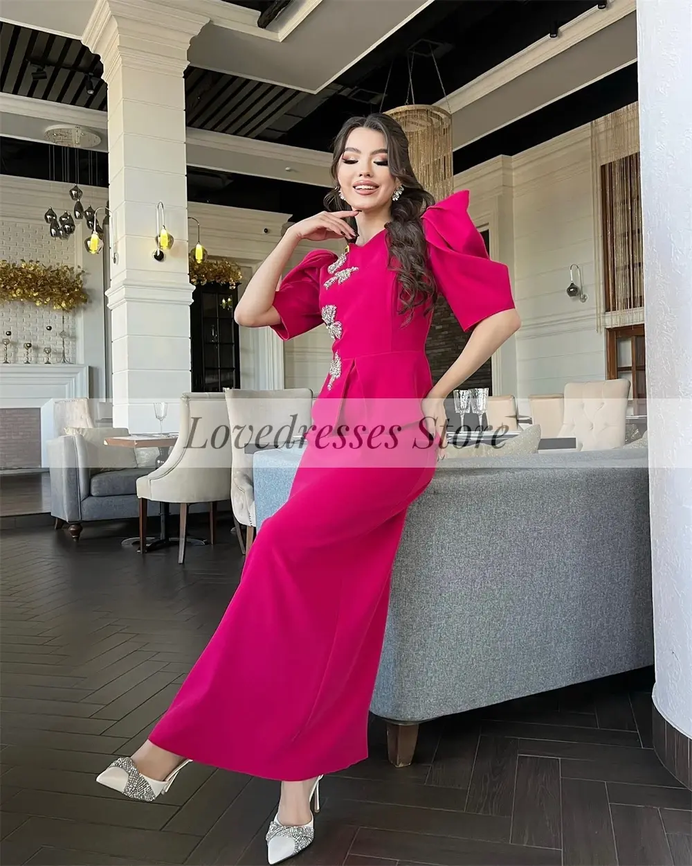 Customized Straight Puff Sleeve V Neck Wedding Dresses Ankle-Length Temperament Prom Gown for Women Appliques فساتين للحفلات الر