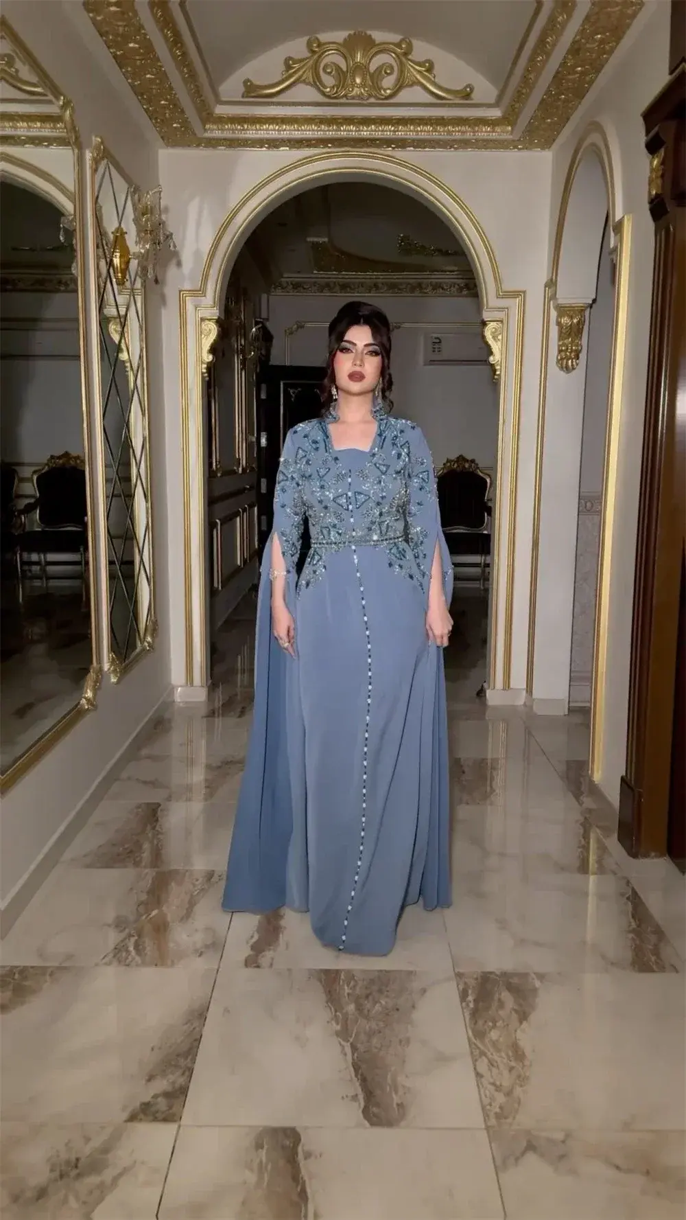 Customized Fashion Sparkle Square Collar Sheath Sequin Prom Dresses Floor Length Long Sleeve Boho Formal Evening Gowns 이브닝드레스 فس