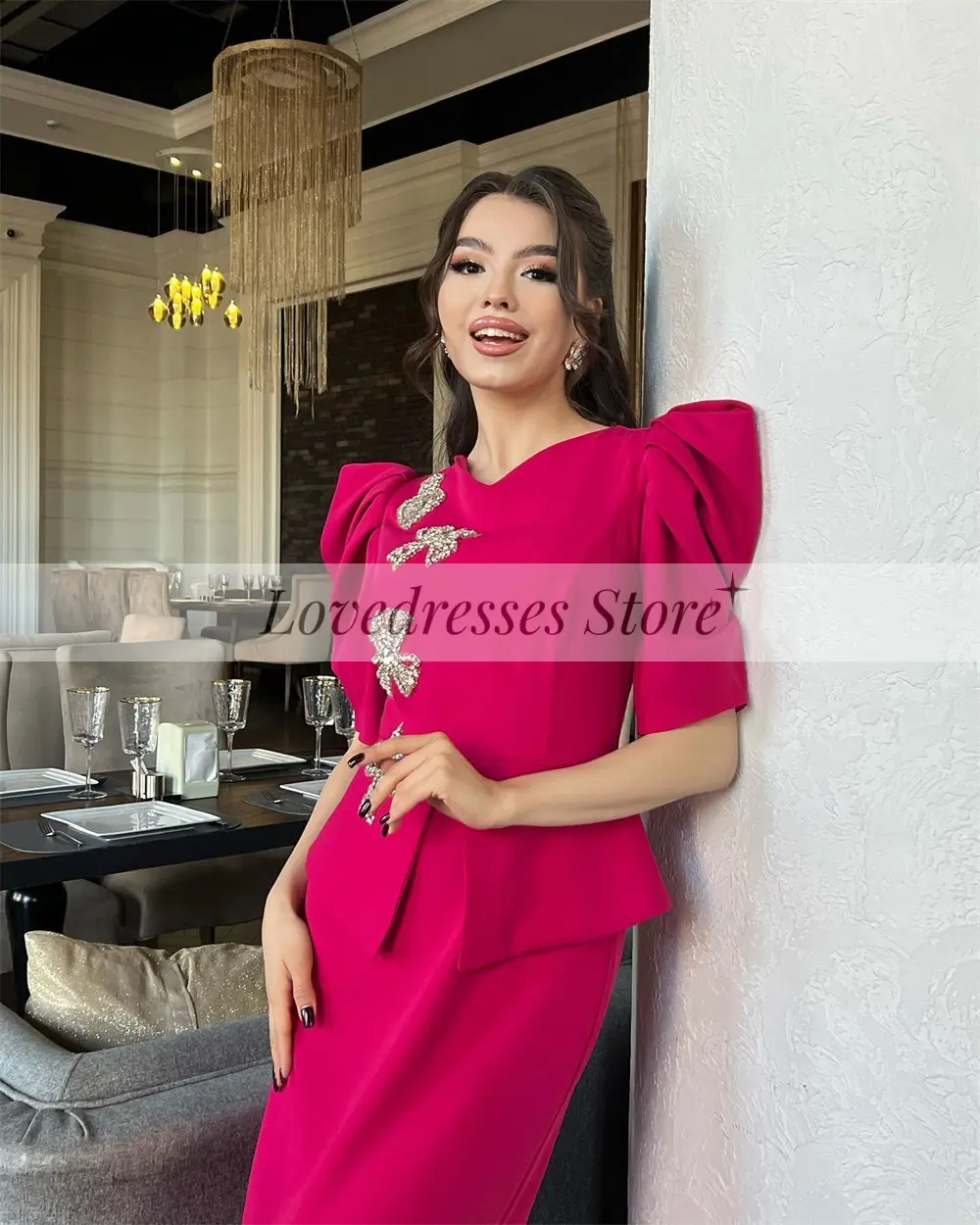 Customized Straight Puff Sleeve V Neck Wedding Dresses Ankle-Length Temperament Prom Gown for Women Appliques فساتين للحفلات الر