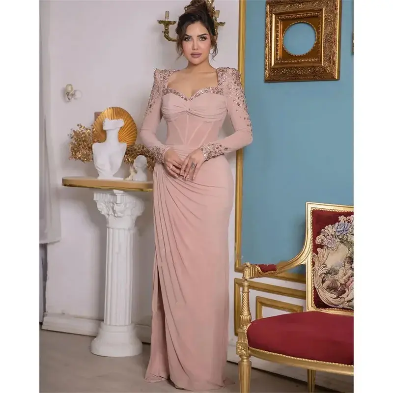 Customized Elegant Pink Straight Evening Dresses Sweetheart Neck Long Sleeve Floor-Length Special Occasion Dress Customize Forma
