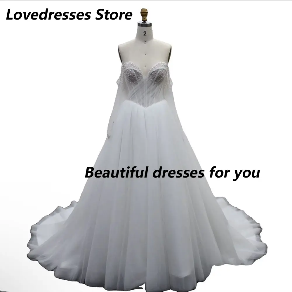 Classic Wedding Dress Customized V Neck Beading Long Sleeves Tulle A Line Woman Bridal Gown Sweep Train Bride Dresses
