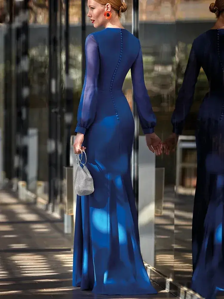 Customized Elegant Royal Blue Mother of The Bride Dress O-neck Long Sleeves Mermaid Chiffon Women Wedding Guest Party Gowns Cust