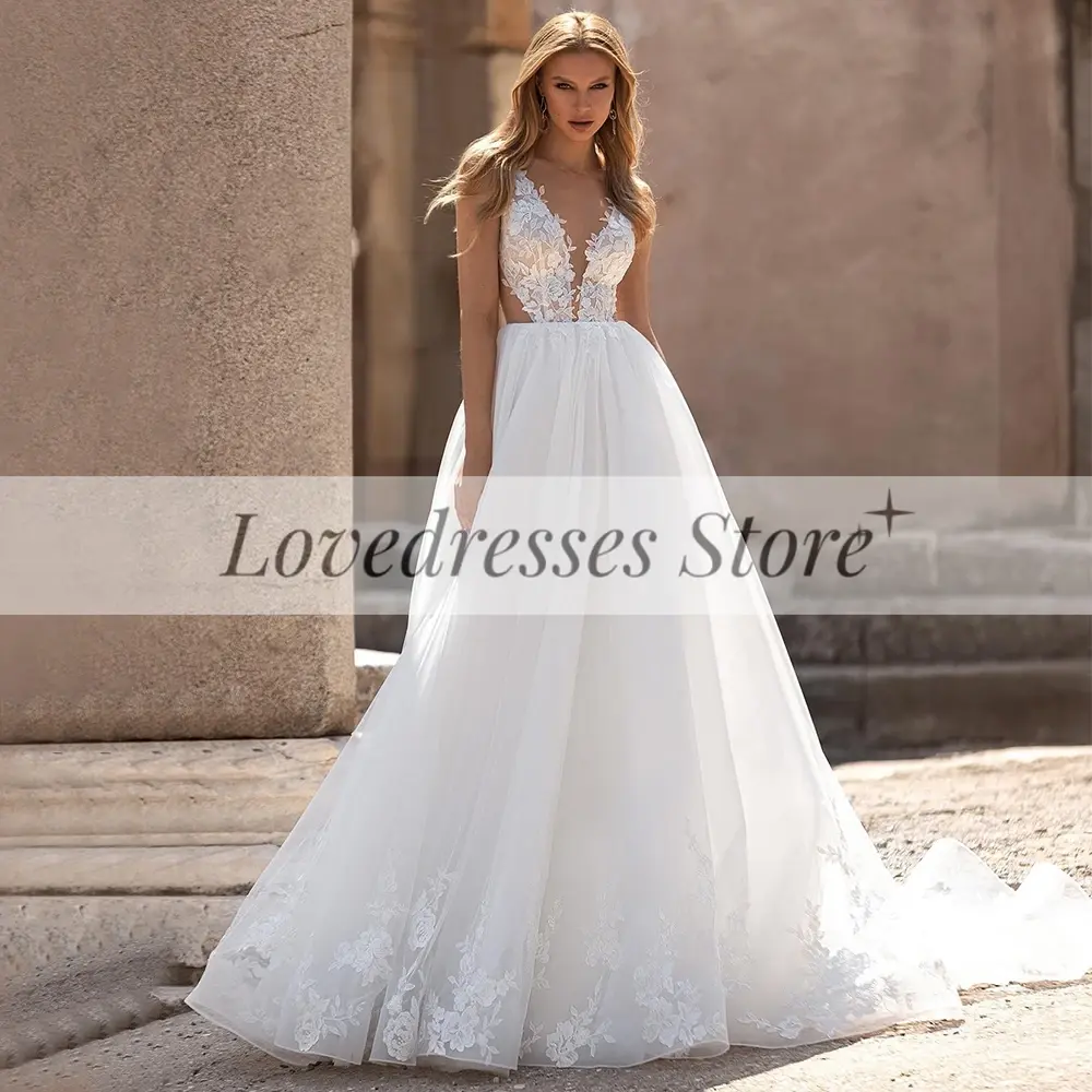 Customized A-Line Wedding Dress for Women 2023 Elegant Sleeveless Tulle Appliques Mordern Bakless Bridal Gowns Vestido De Novia