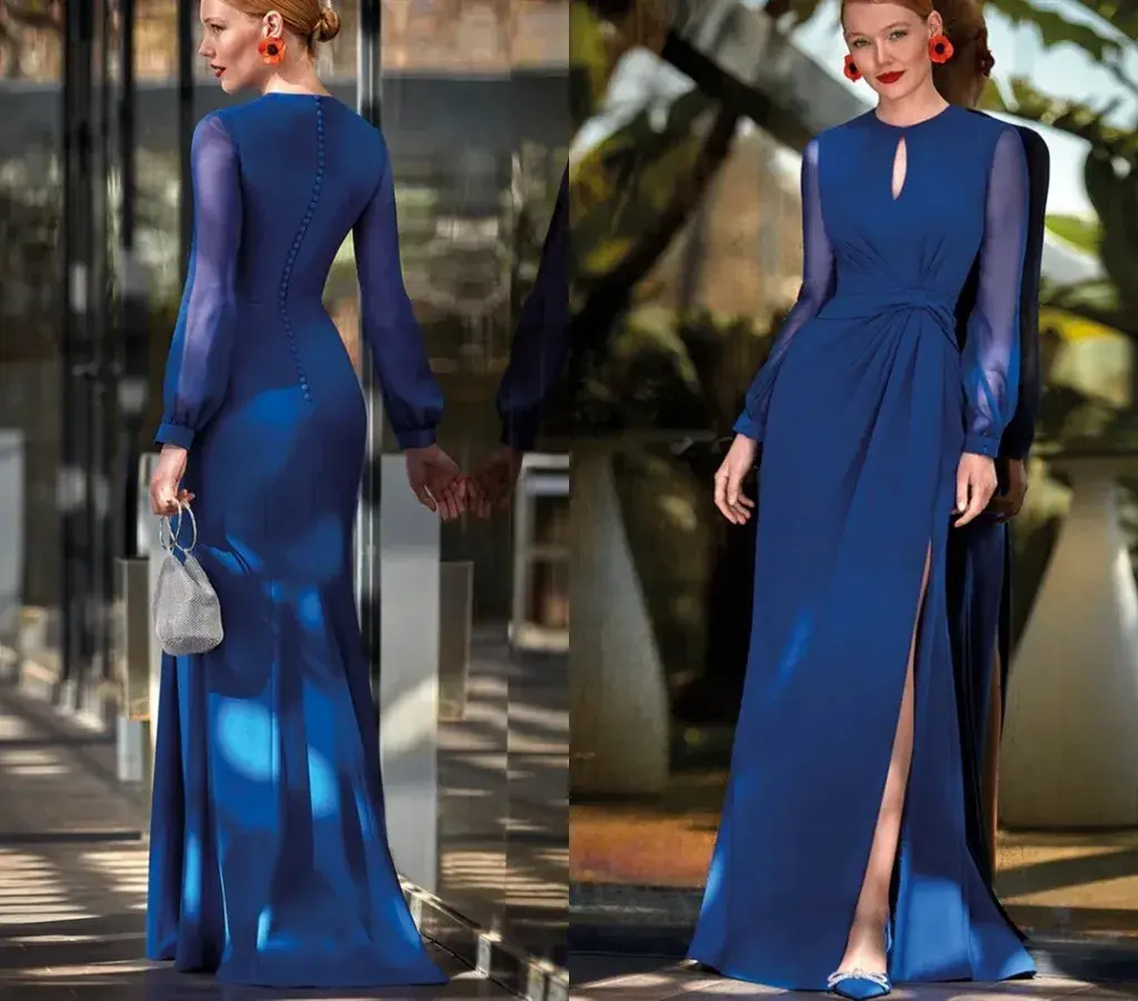 Customized Elegant Royal Blue Mother of The Bride Dress O-neck Long Sleeves Mermaid Chiffon Women Wedding Guest Party Gowns Cust