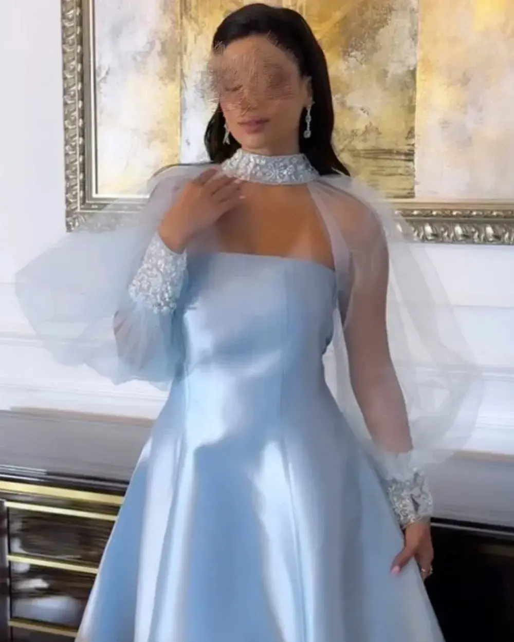 Customized Sky Blue 2-Piece Arabia Prom Birthday Dress A-Line Sequins Beads Tulle Long Sleeves Floor Length High Neck Evening Fo