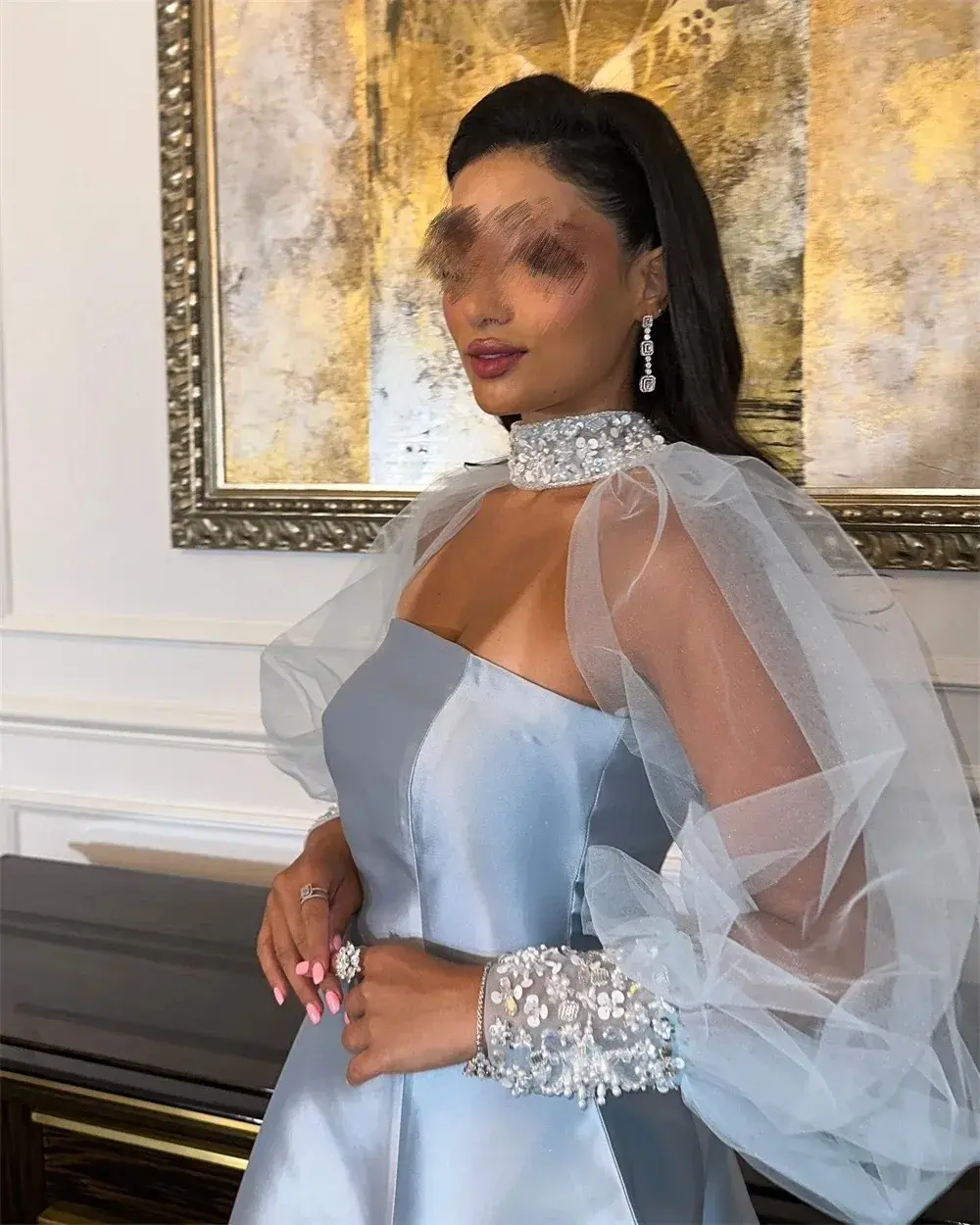 Customized Sky Blue 2-Piece Arabia Prom Birthday Dress A-Line Sequins Beads Tulle Long Sleeves Floor Length High Neck Evening Fo