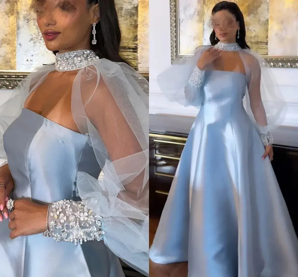 Customized Sky Blue 2-Piece Arabia Prom Birthday Dress A-Line Sequins Beads Tulle Long Sleeves Floor Length High Neck Evening Fo
