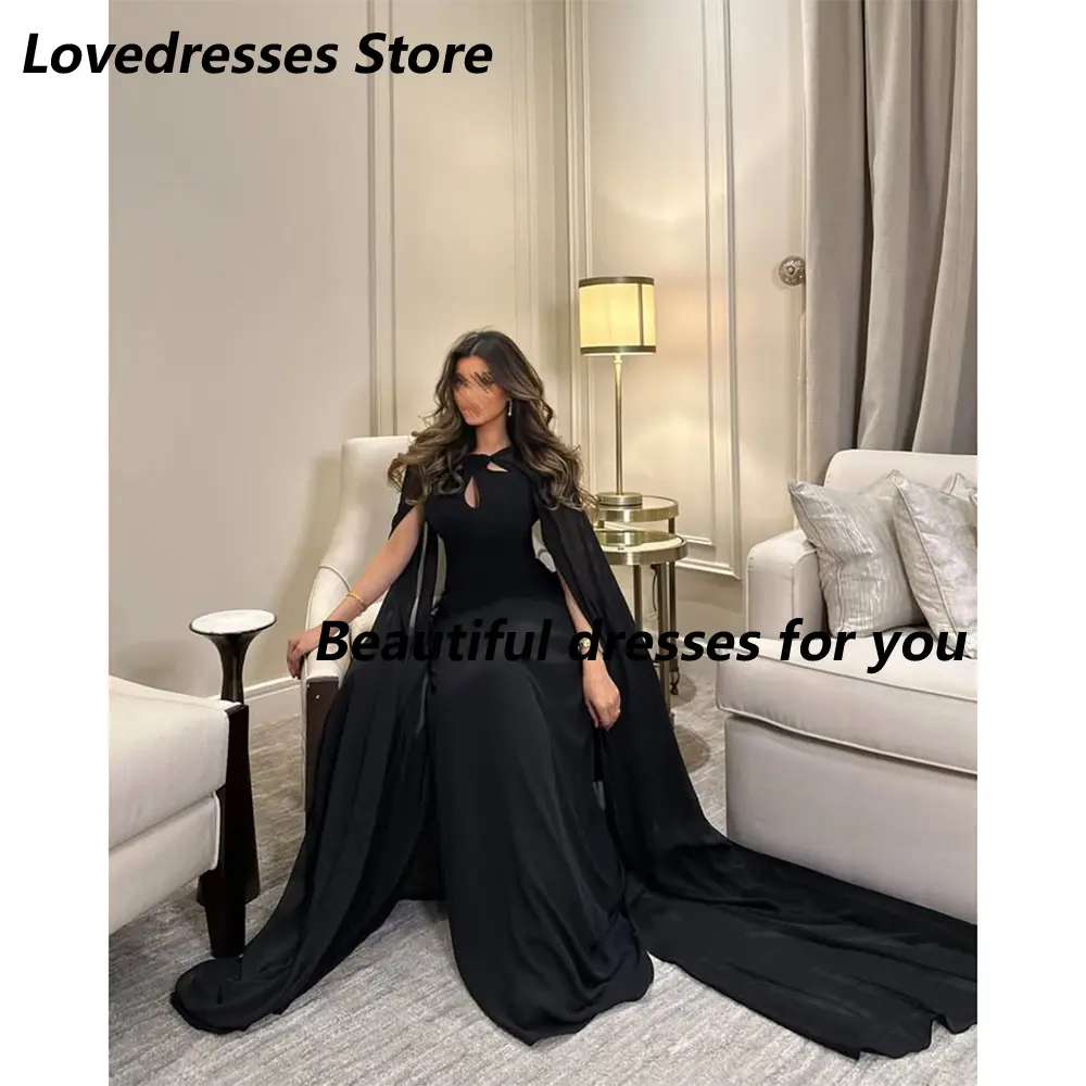 Black Chiffon Evening Dress Customized Halter Cape Floor Length A Line Formal Wedding Guest Gown Formal Occasion Dresses