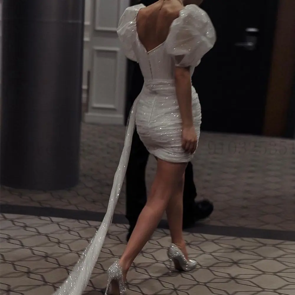 Customized Puffy Tulle Sleeve Robe De Mariée 2025 Short Wedding Dresses Glitter Mini Women Dress V Neck Zipper Back Bridal Gowns
