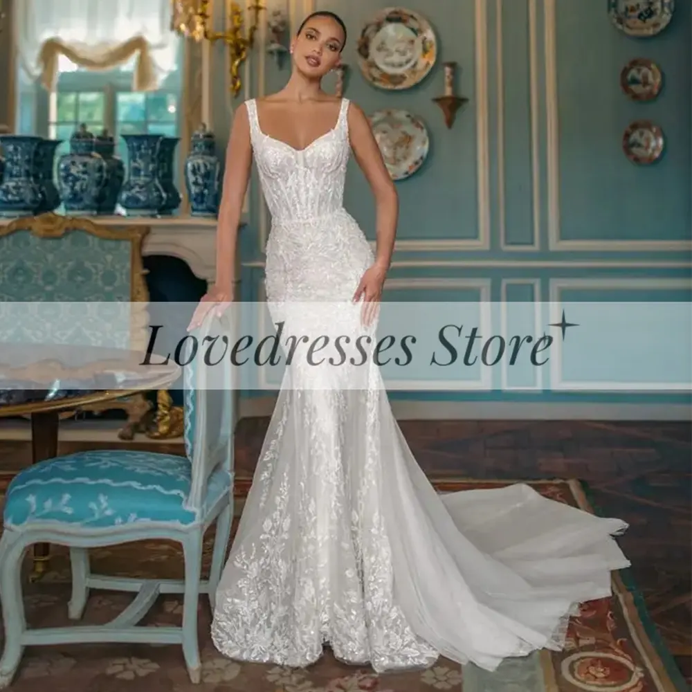 Customized  Fashion Lace Mermaid Women Wedding Dresses Bridal Gown V-Neck Appliques Court Train Backless Gowns 2025