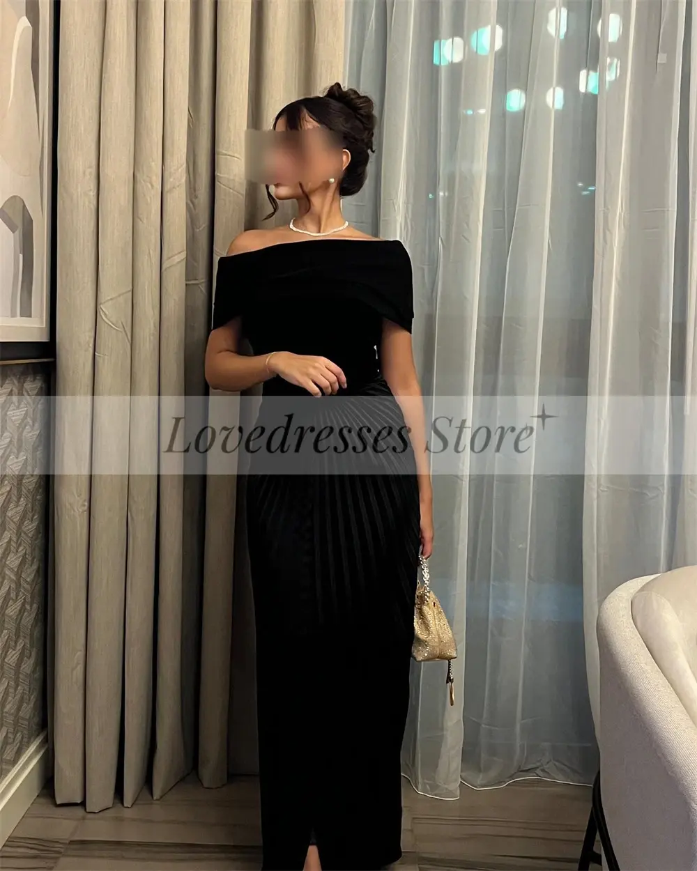 Customized Black Off Shoulder Straight Pleat Formal Party Dress Sexy Backless Boat Neck Prom Gown Exquisite فساتين السهرة 2023 ج