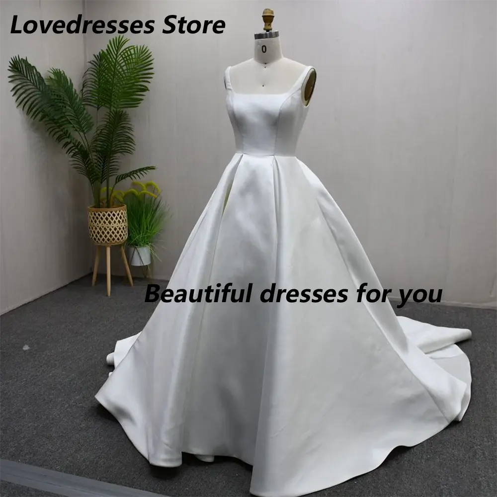 Elegant Wedding Dress Customized Square Neck Satin A Line Woman Simple Bridal Gown Sweep Train Bride Dresses