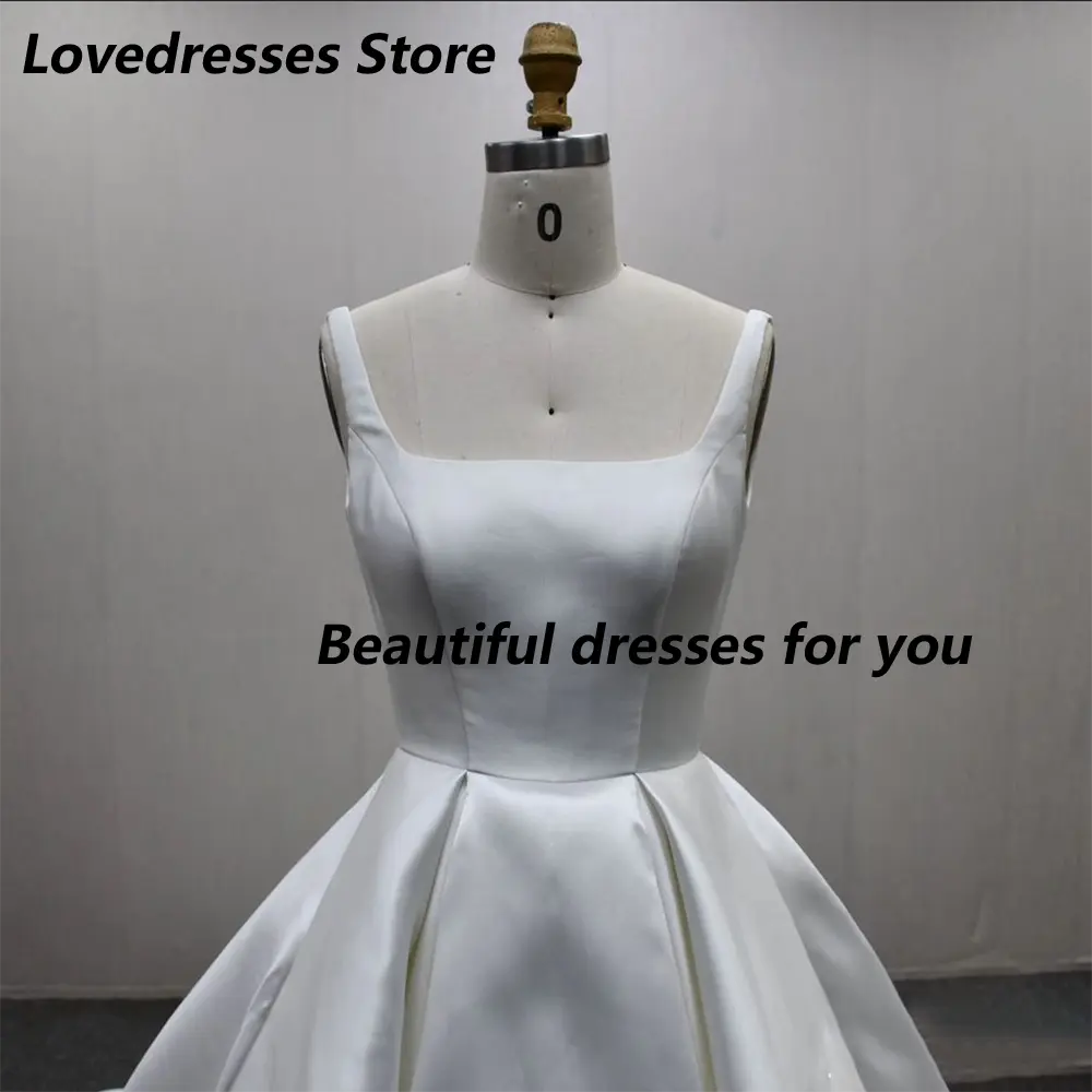 Elegant Wedding Dress Customized Square Neck Satin A Line Woman Simple Bridal Gown Sweep Train Bride Dresses
