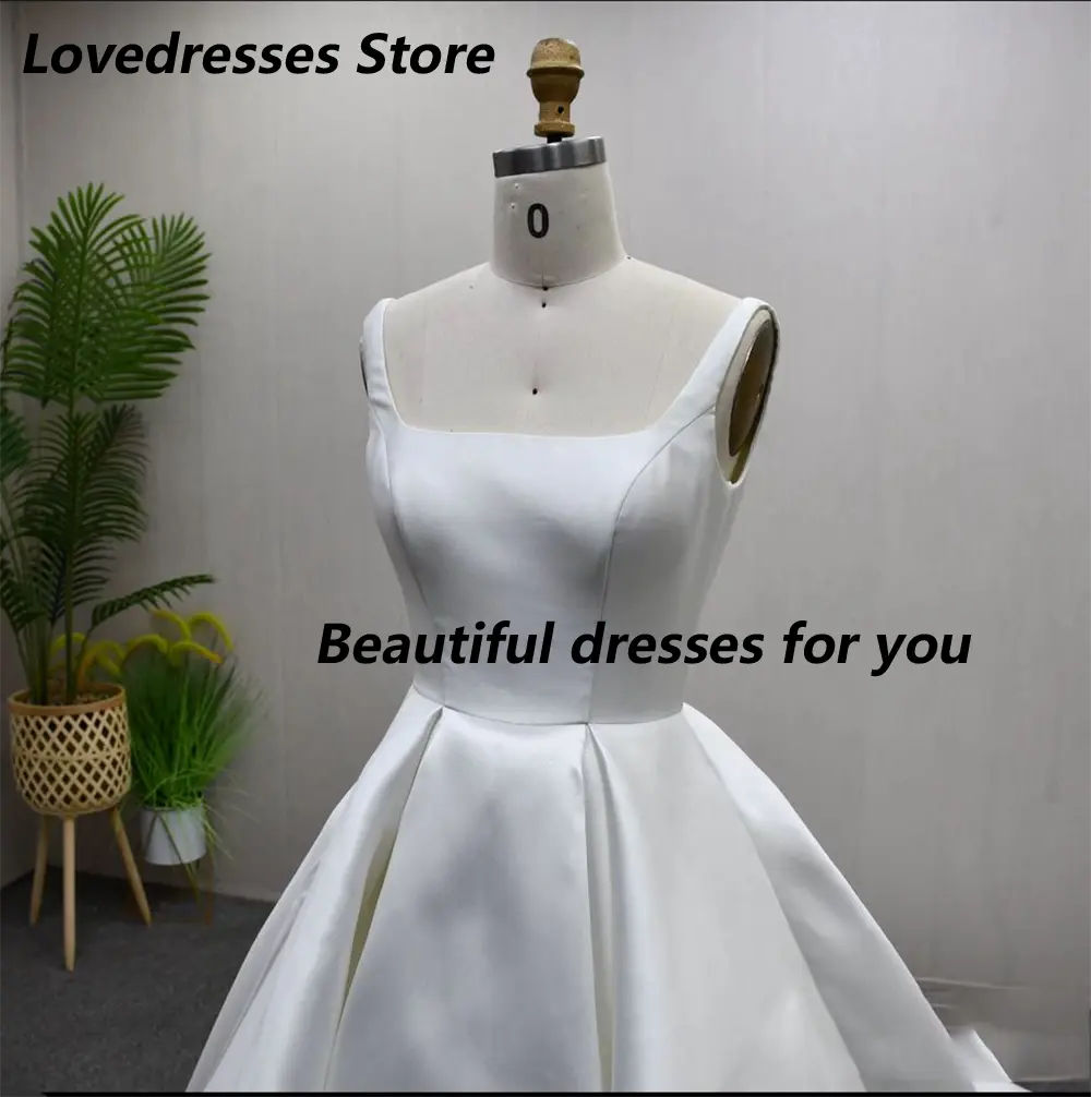 Elegant Wedding Dress Customized Square Neck Satin A Line Woman Simple Bridal Gown Sweep Train Bride Dresses