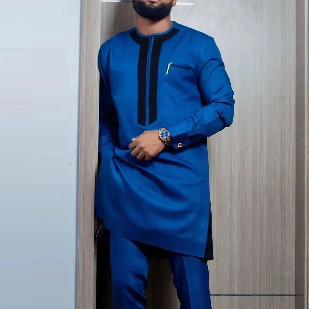 African Ethnic Mens Casual Set 2 Piece Long Sleeve Solid Patchwork Shirt Pants Comfy Loungewear Outfit 2024 New Autumn