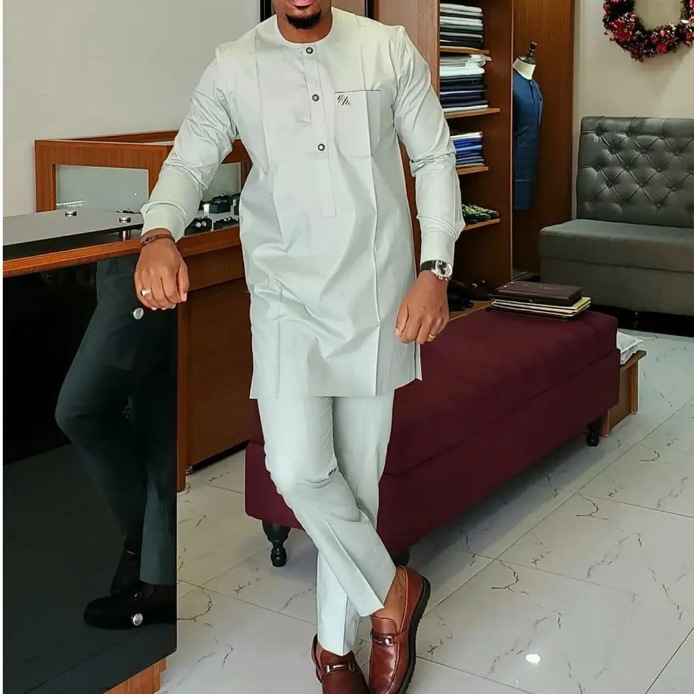 African Ethnic Mens Casual Set 2 Piece Long Sleeve Solid Patchwork Shirt Pants Comfy Loungewear Outfit 2024 New Autumn