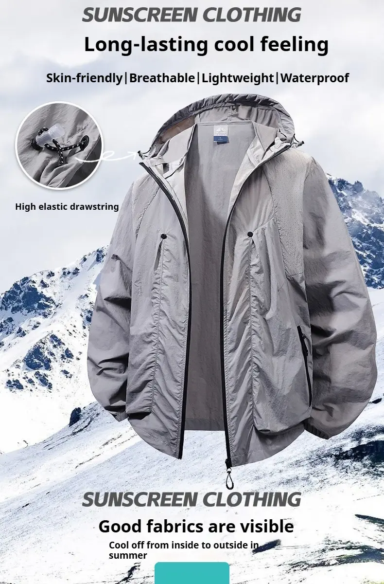 Men's Summer Sun Protection Hooded Jacket Ultra-thin Breathable UV Fast Drying Ice Silk Outdoor Hiking Camping Clothing