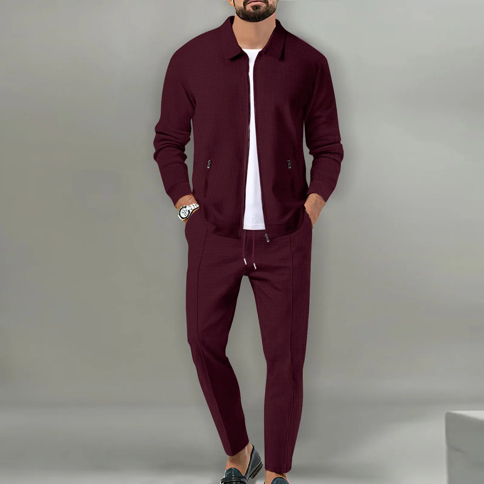 Men's Youth Waffle Two Piece Zipper Pocket Flip Collar Slim Open Fleece Jacket Casual Wear Comfortable and Fashionable for Daily