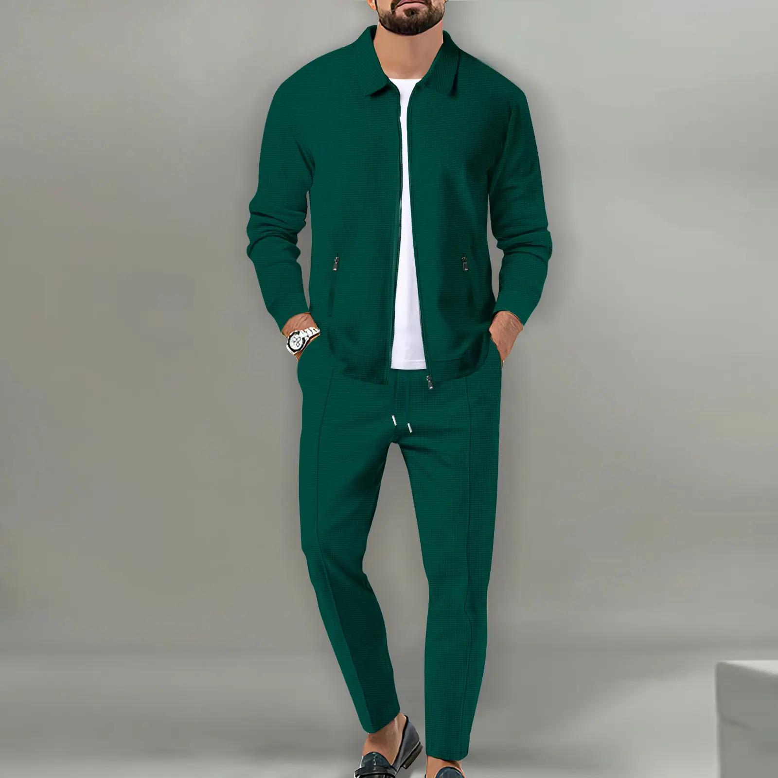 Men's Youth Waffle Two Piece Zipper Pocket Flip Collar Slim Open Fleece Jacket Casual Wear Comfortable and Fashionable for Daily