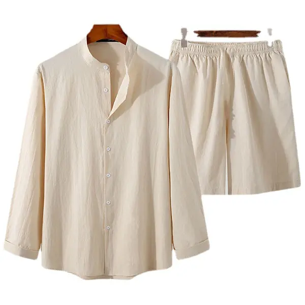Men's cotton-linen suit long-sleeved shorts loose multi-colored two-piece casual set