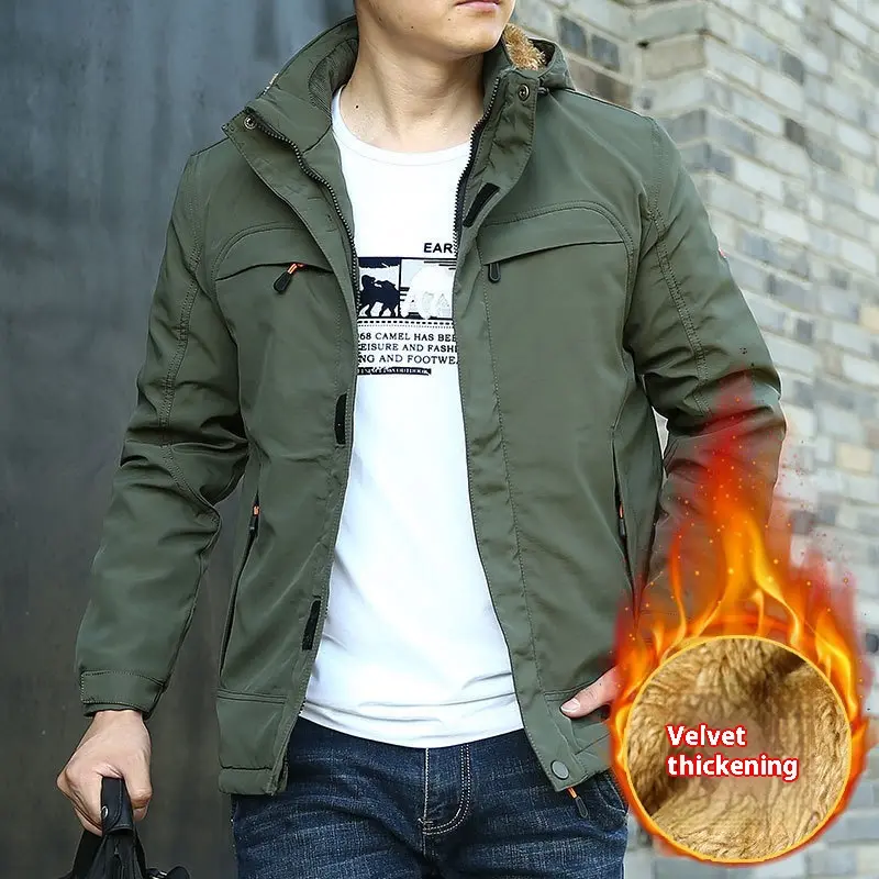 Winter New Men's Casual Fleece Jacket, Daily Loose Zipper and Fleece Jacket, Outdoor Cardigan, Hooded Solid Color Cotton Jacket