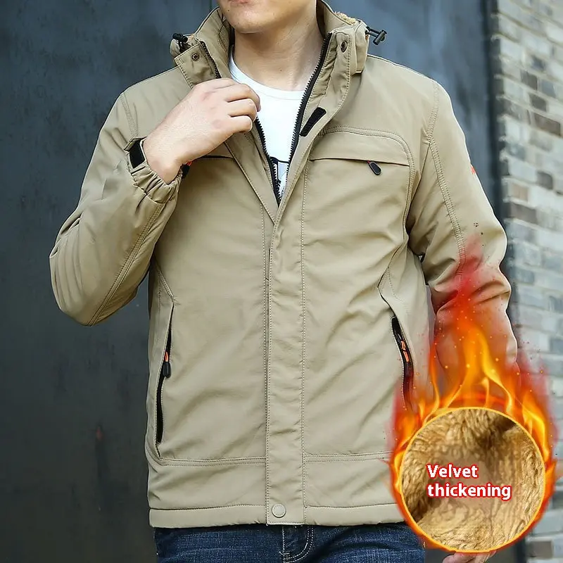 Winter New Men's Casual Fleece Jacket, Daily Loose Zipper and Fleece Jacket, Outdoor Cardigan, Hooded Solid Color Cotton Jacket