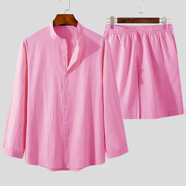 Men's cotton-linen suit long-sleeved shorts loose multi-colored two-piece casual set